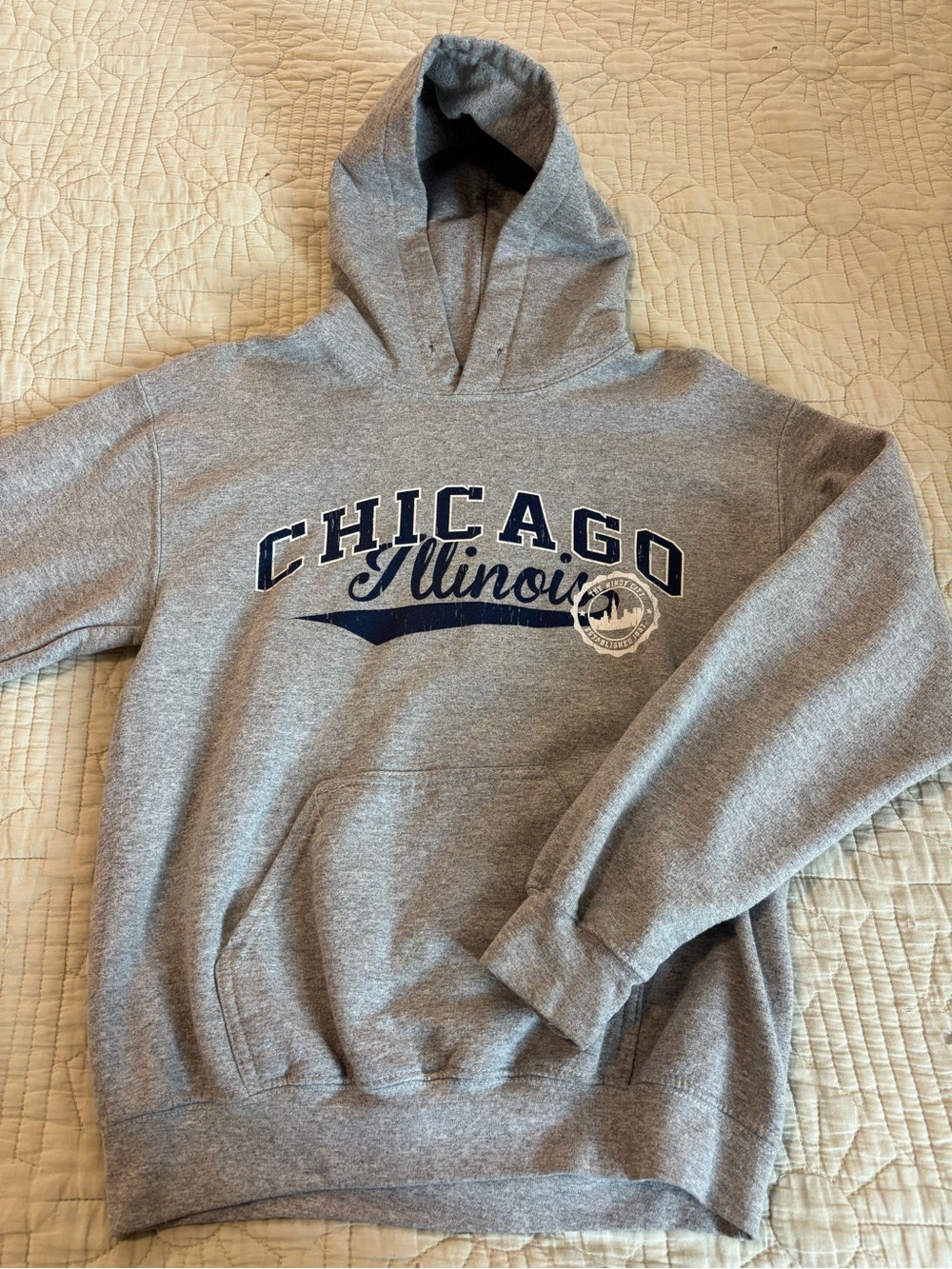 Gildan Gray Pullover Hoodie with Navy Chicago Illinois Graphic